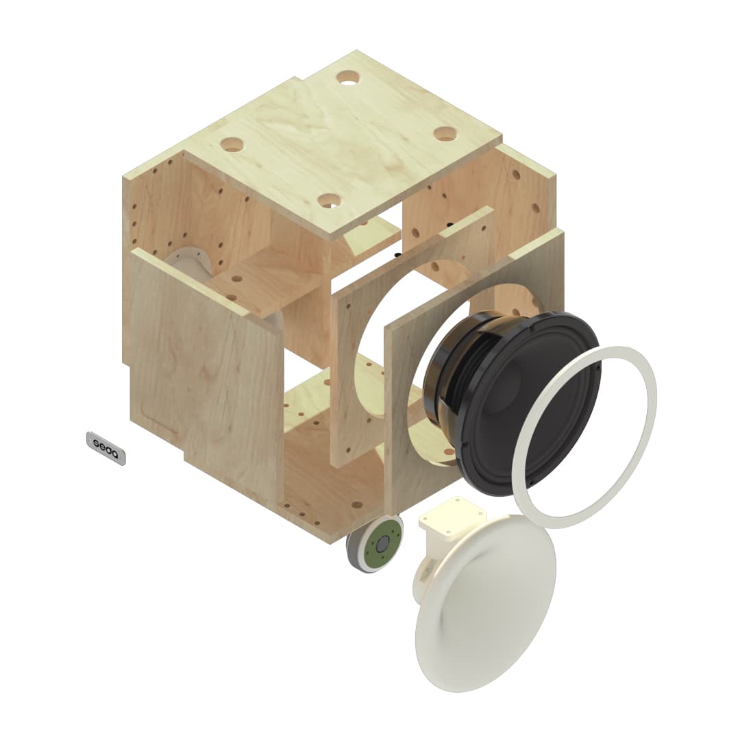 Seda Audio — exploded axonometric enclosure diagram
